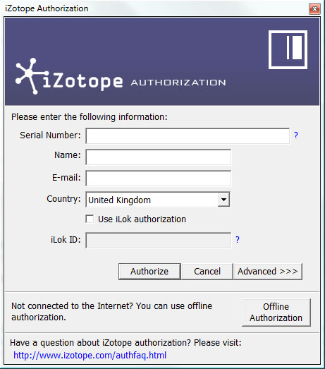 iZotope also offer other means of authorization. Please refer to the videos below for Offline, Challenge/Response and ilok.