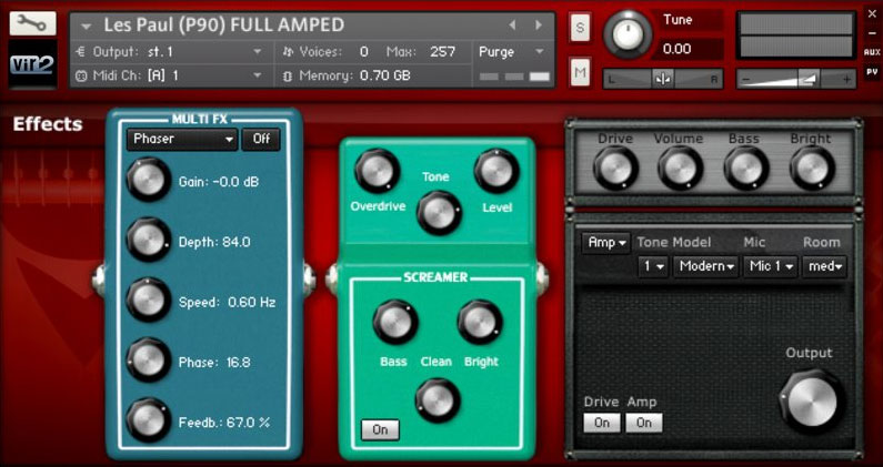 When loading the "Amp" version of the guitars, Electri6ity offers a selection of multi effects (phaser, flanger, chorus, reverb), a Screamer module, and an amp module, offering several different major guitar tones such as British, Clean, and more: