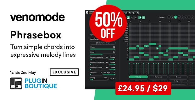 最安 コードからメロディラインやフレーズに変換できる作曲支援型midiアルペジエータ Venomode Phrasebox が50 Off 29ドル最安に Free Kontaktina 無料音源 シンセサイザー プラグイン Dtmセール情報配信総合サイト
